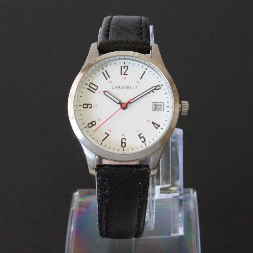 Caravelle Ladies Easy Reader By Bulova Black On White Dial Black Leather 30mm - Picture 3 of 10